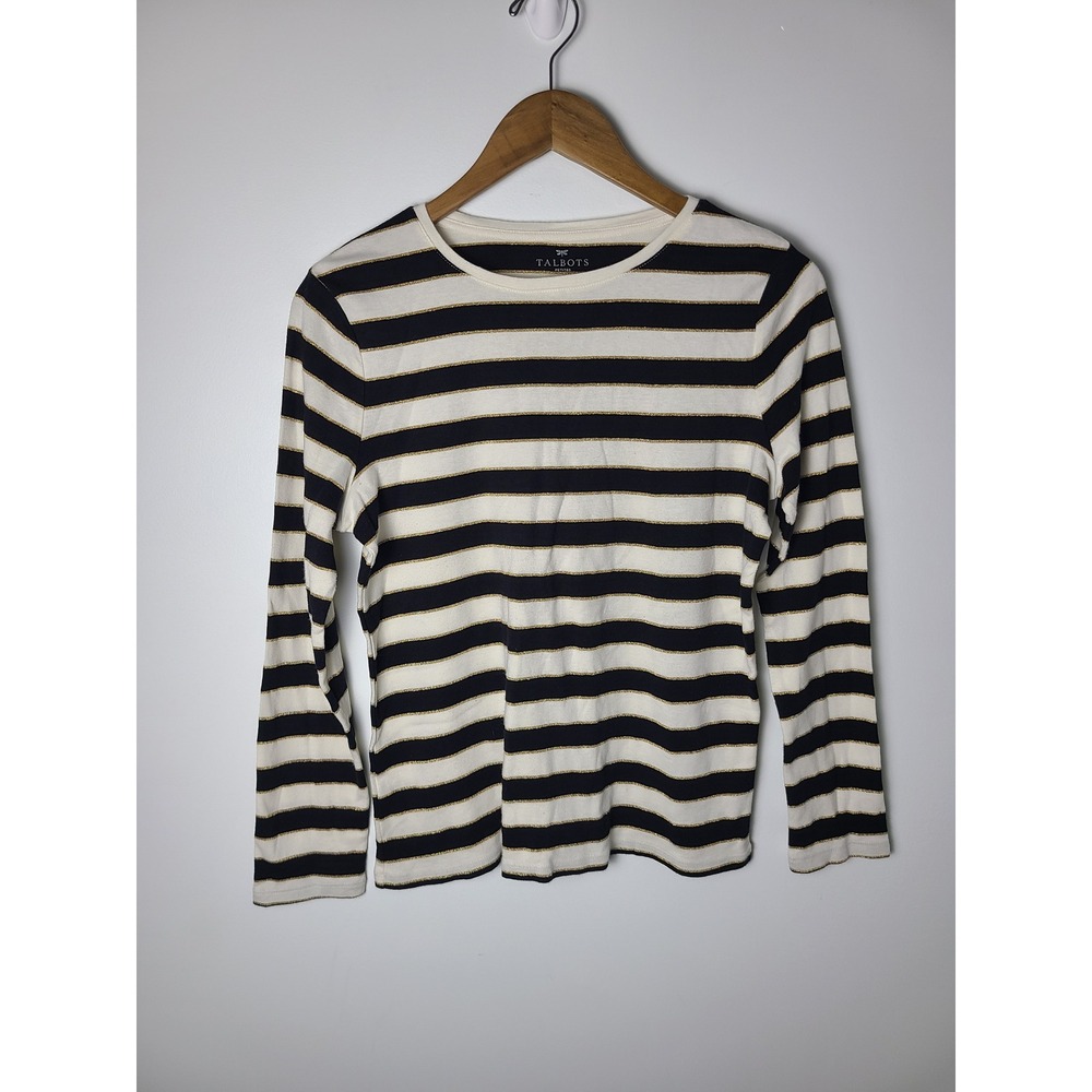 Talbots MDP Striped Pima Cotton Metallic Gold Trim Top Navy White Casual Minimal
